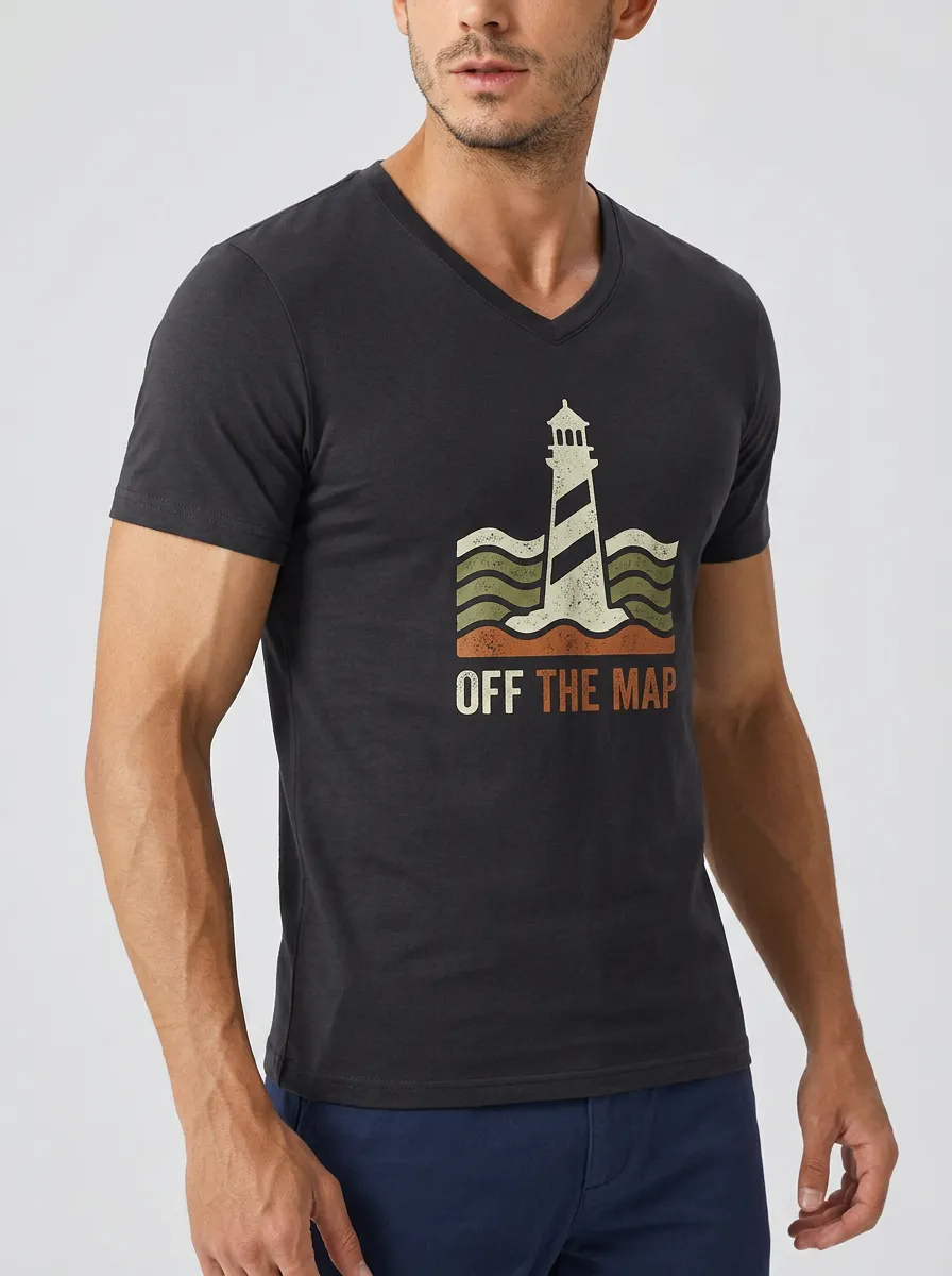 Men's Adventure Travel Lover Lighthouse Off The Map Printed V-neck T-shirt
