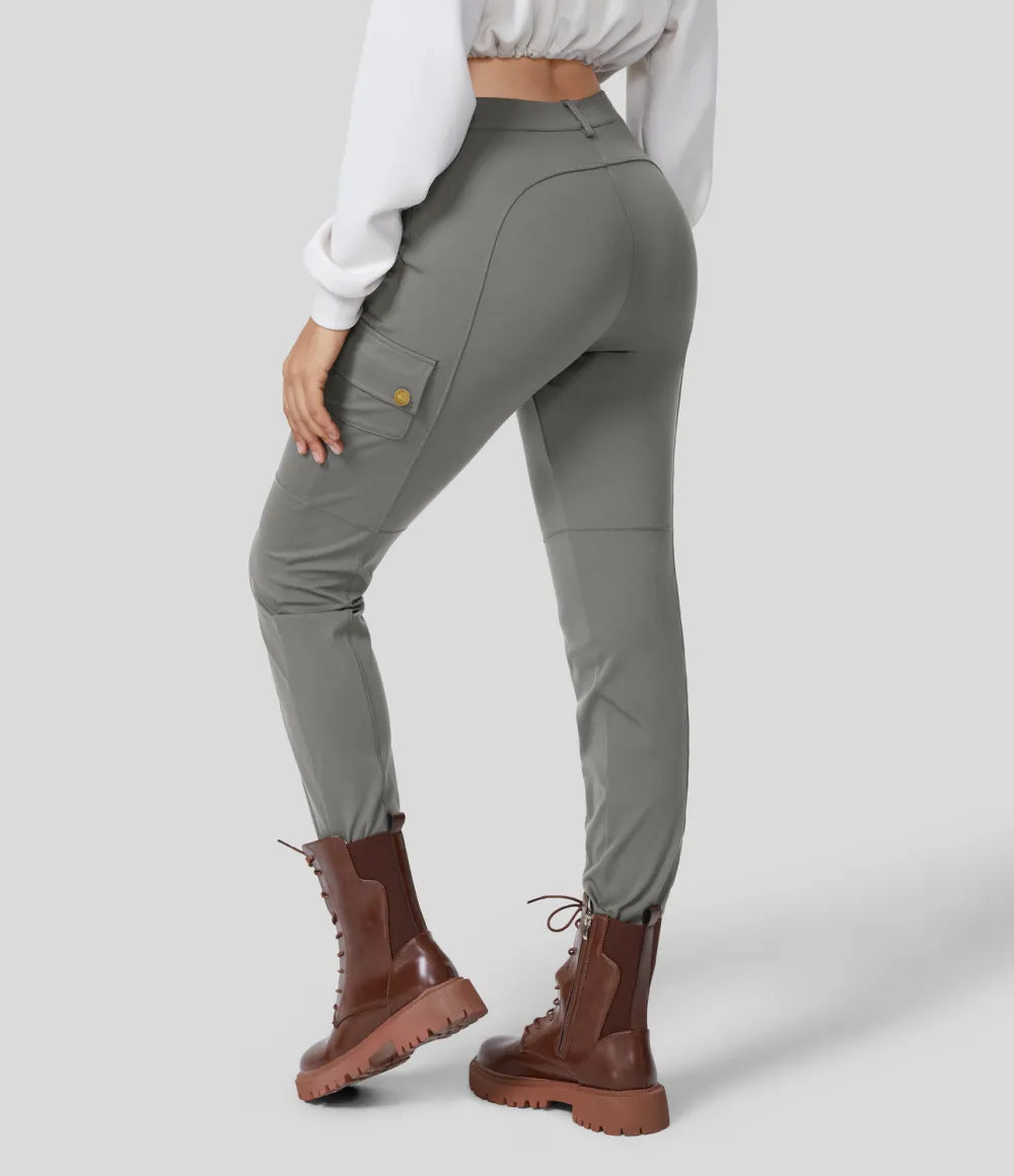 High Waisted Button Zipper Multiple Pockets Solid Skinny Cargo Pants