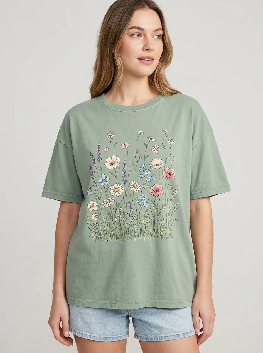 Women's Floral Graphic Crewneck T-Shirt Crewneck Dropped-Shoulder