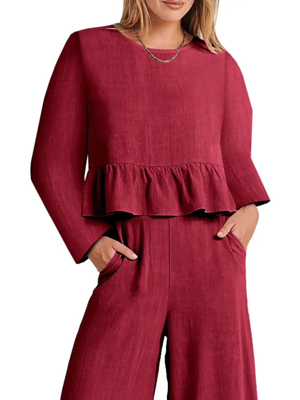 Ruffled Hem Long Sleeve Top and Pants Set