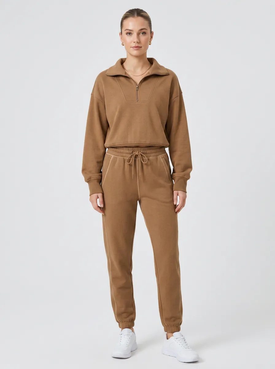 Women's Brown Quarter-Zip Pullover Jogger Lounge Set