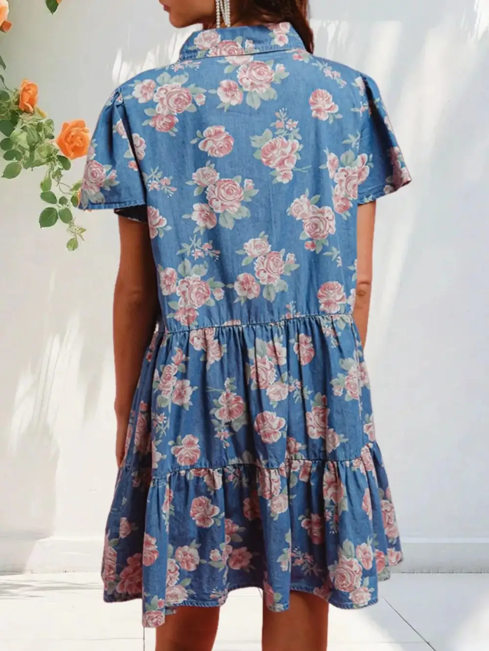 Floral Printed Denim Mini Dress