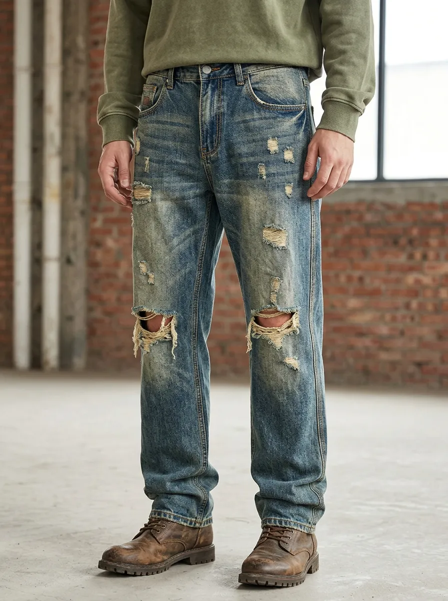 Men's Ripped Jeans with Frayed