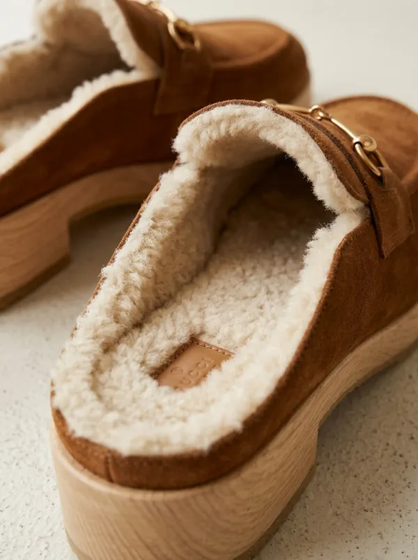 Women's Classic Faux Fur Lined Metal Detail Clog Style Casual Suede Wood Sole Loafers