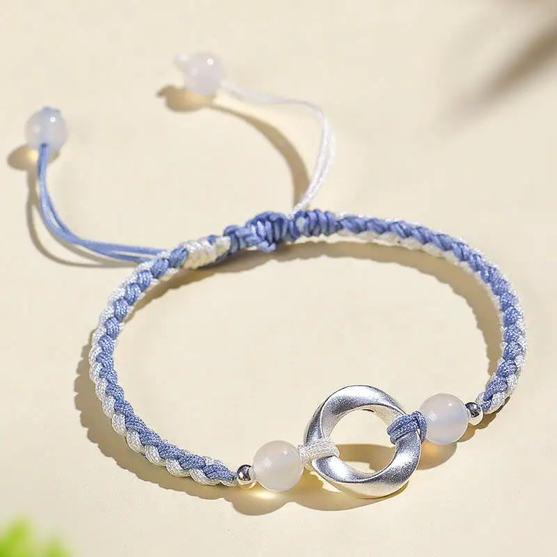 Sterling Silver Mobius Agate Bead Braided String Bracelet