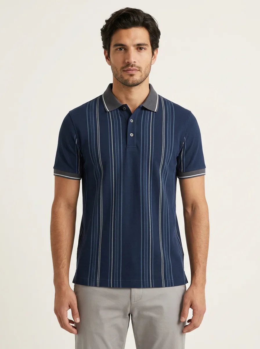 Men's Casual Business Vertical Striped Printed Polo Shirt