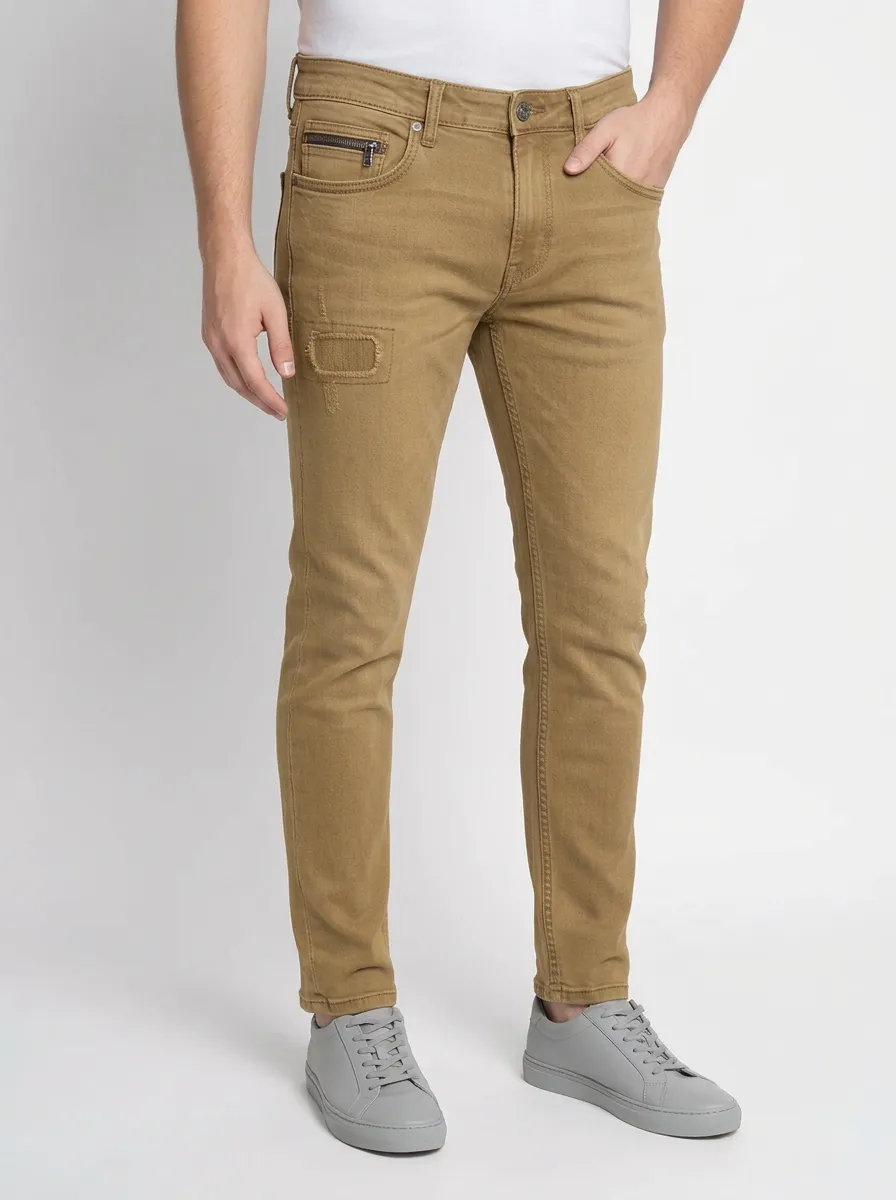 Men's Distressed Patchwork Blue Slim-Fit Jeans