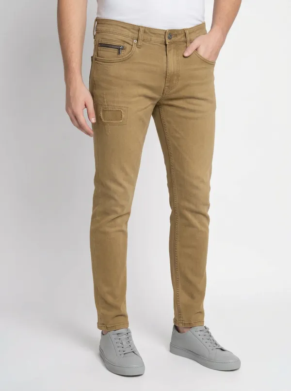 Men's Distressed Patchwork Blue Slim-Fit Jeans