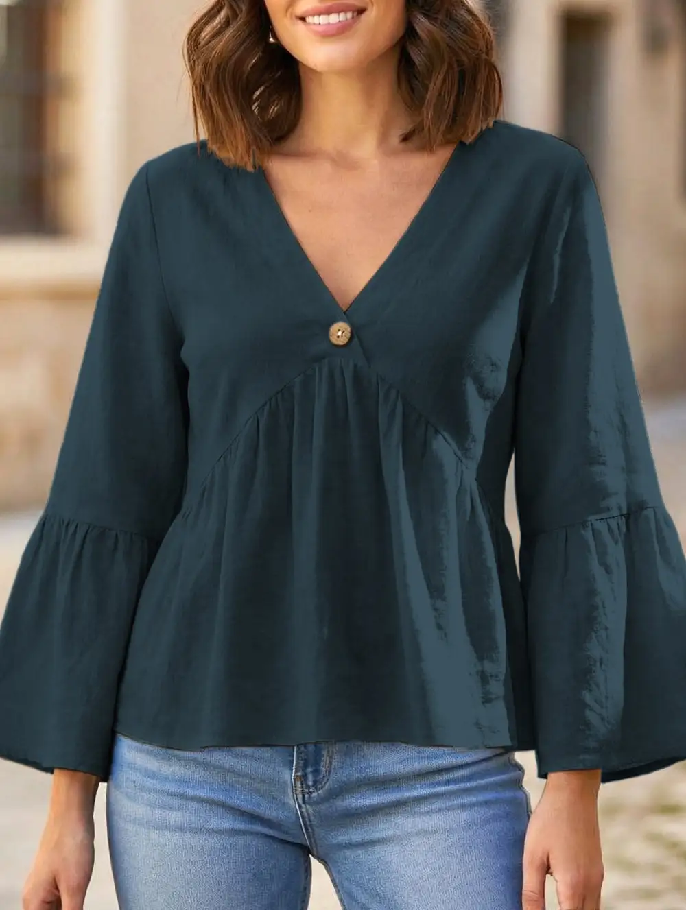 V-Neck Ruffle Sleeve Cotton Top