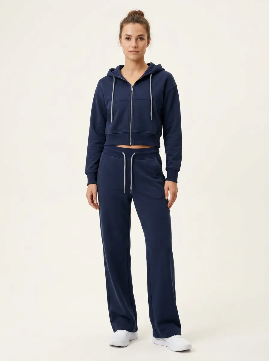 Women's Navy Blue Solid Color Zip-up Hoodie Jogger Set