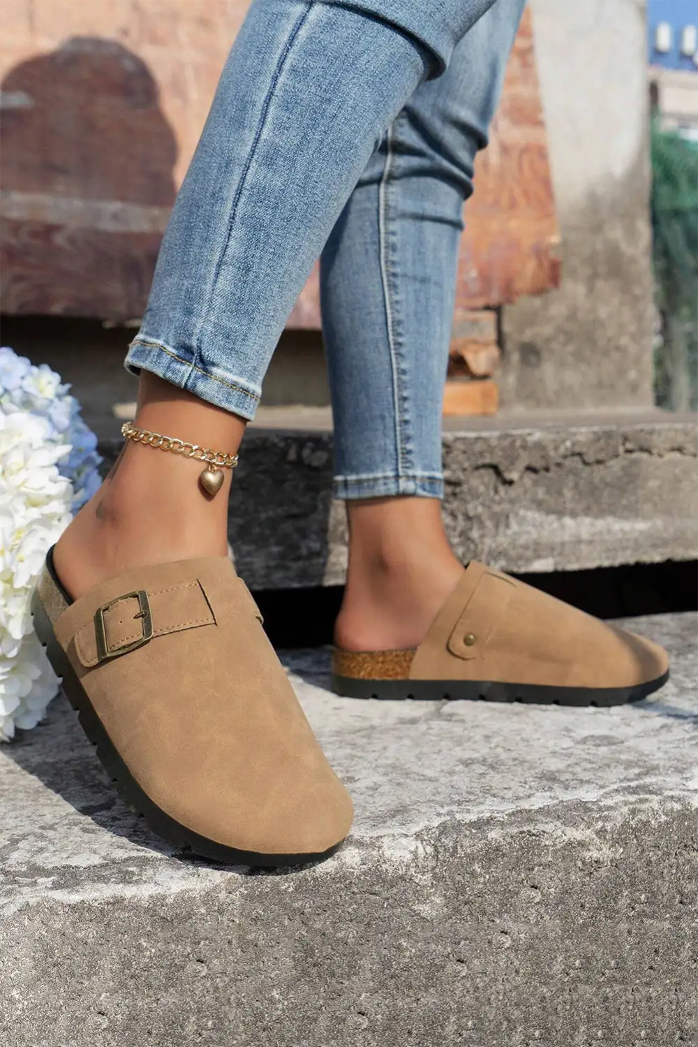 Light French Suede Buckle Detail Slide Slippers