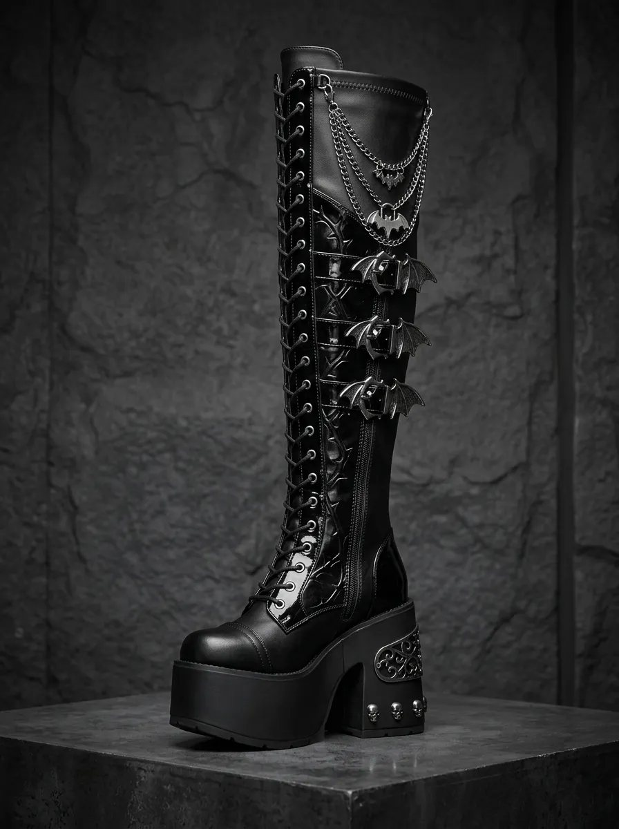 Classic Gothic Skull Bat Chain Finish Women's Gothic Platform Knee High Boots