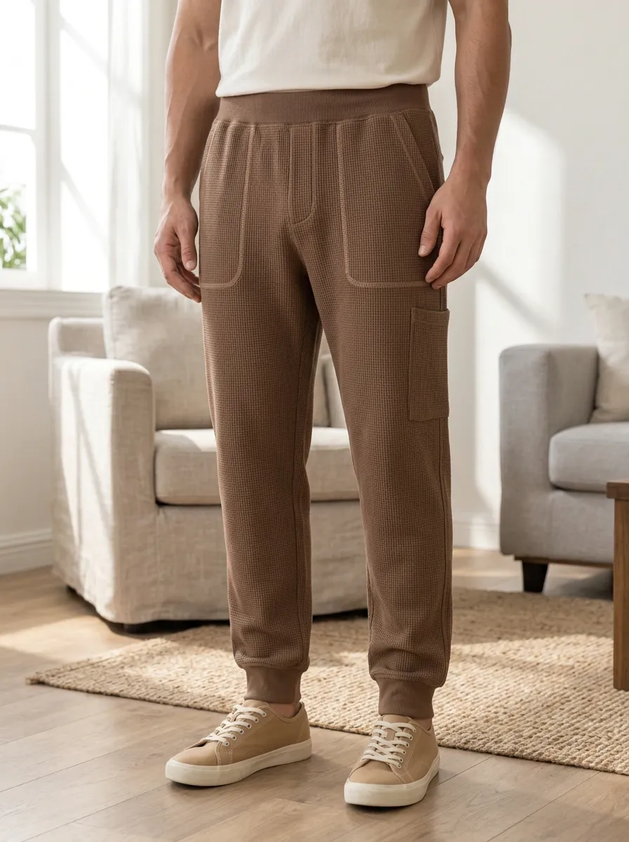 Men's Casual Brown Waffle Knit Jogger Pants