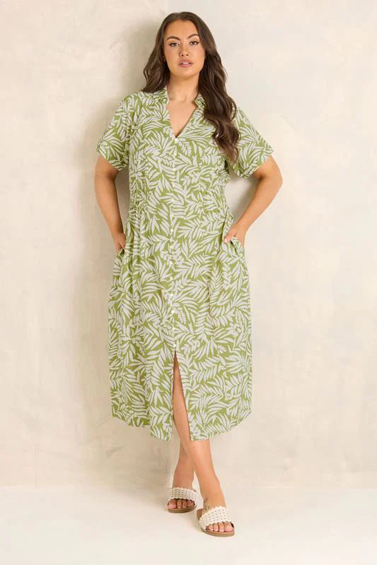 Green Leaf Print Linen Shirred Waist Midi Dress detail 2