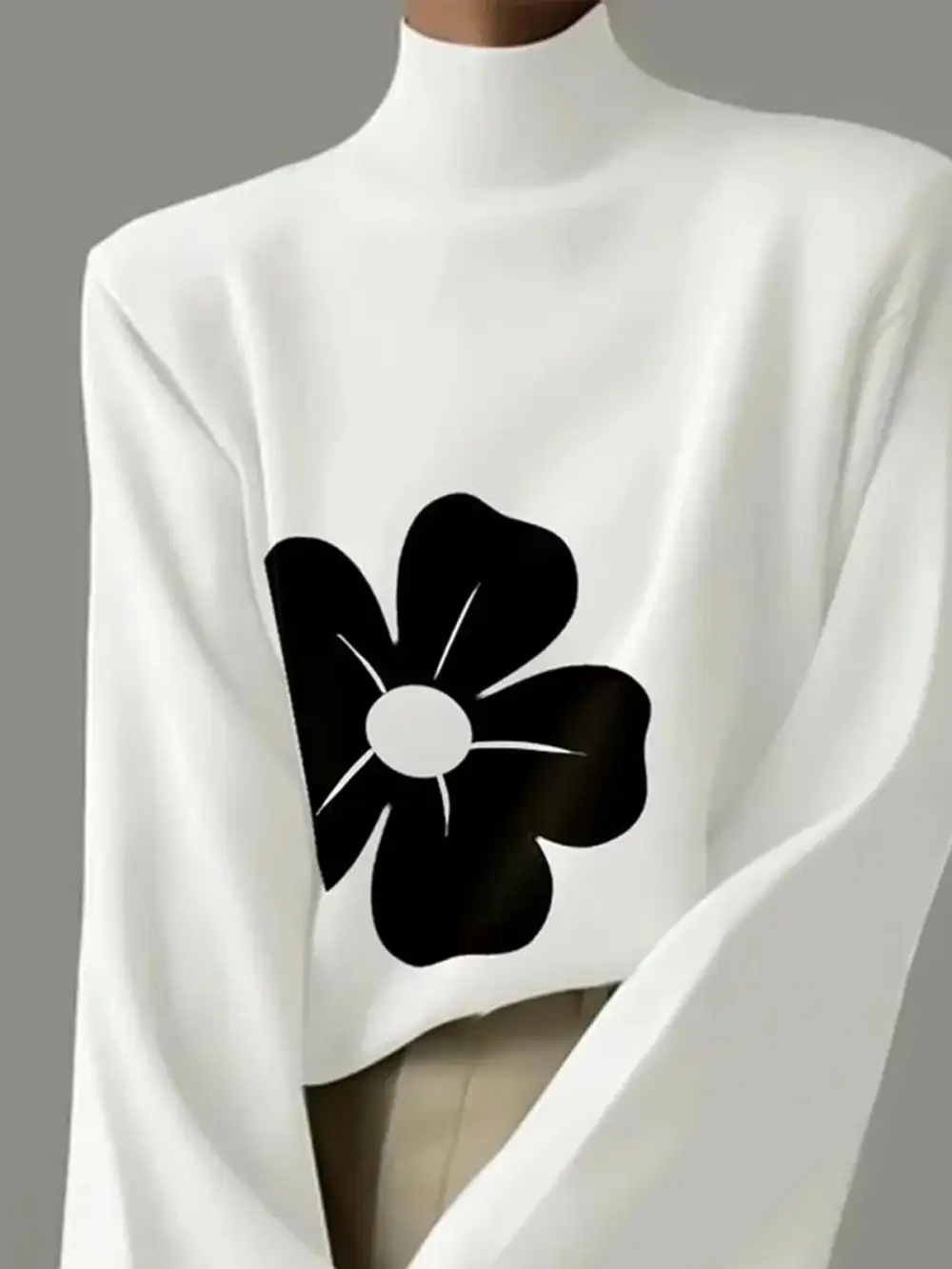 Flared Sleeve Long Sleeve Floral Print High Neck T-Shirt