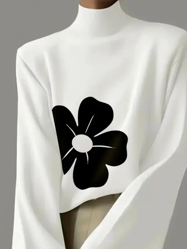 Flared Sleeve Long Sleeve Floral Print High Neck T-Shirt