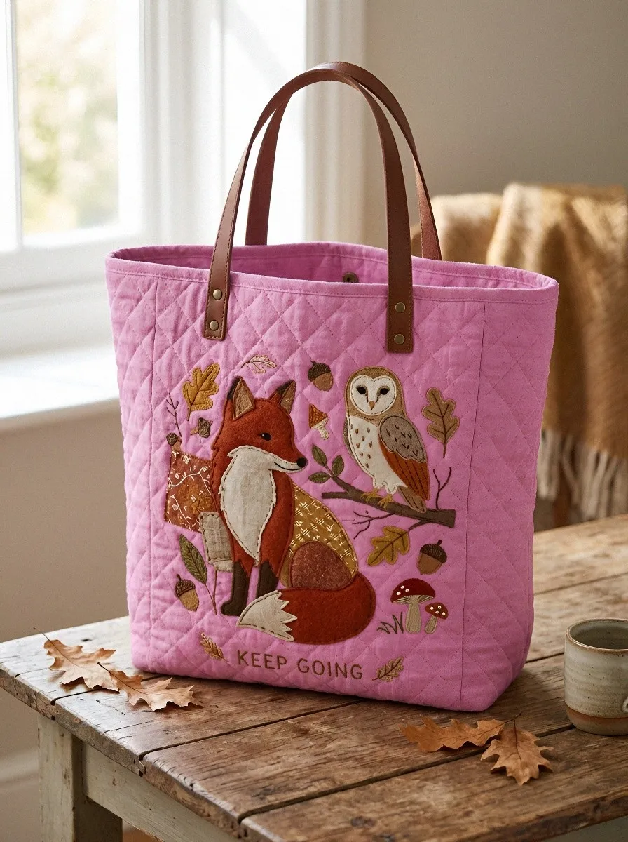 Woodland Animal Lover Fox and Owl Embroidered Tote Bag