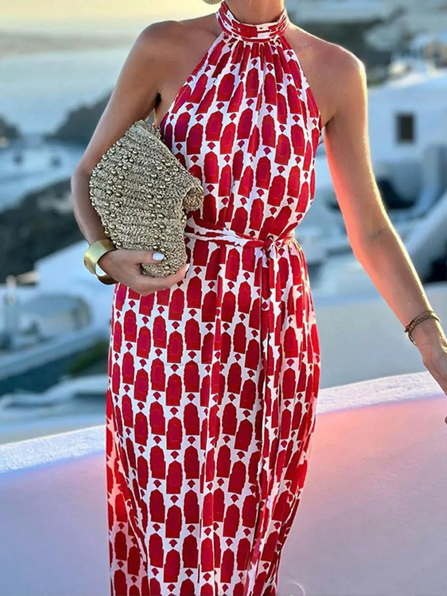 Waisted Printed Sleeveless Neck Maxi Dress