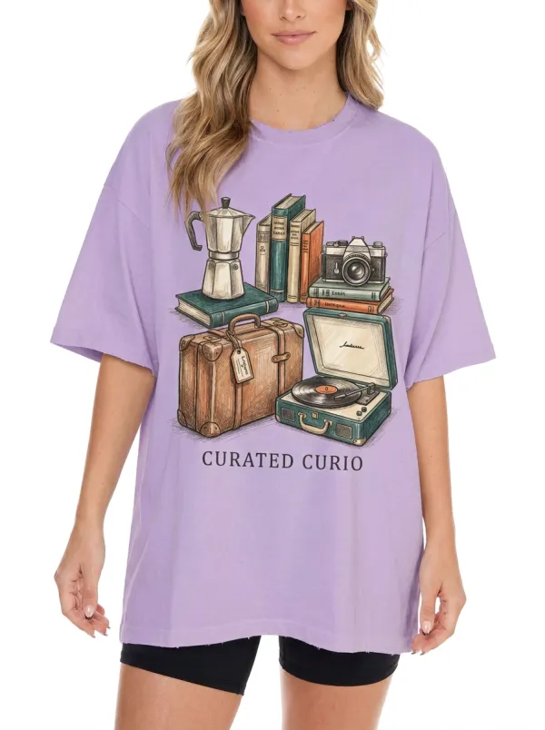 Women's Vintage Aesthetic Books Camera Record Player Retro Graphic T-shirt