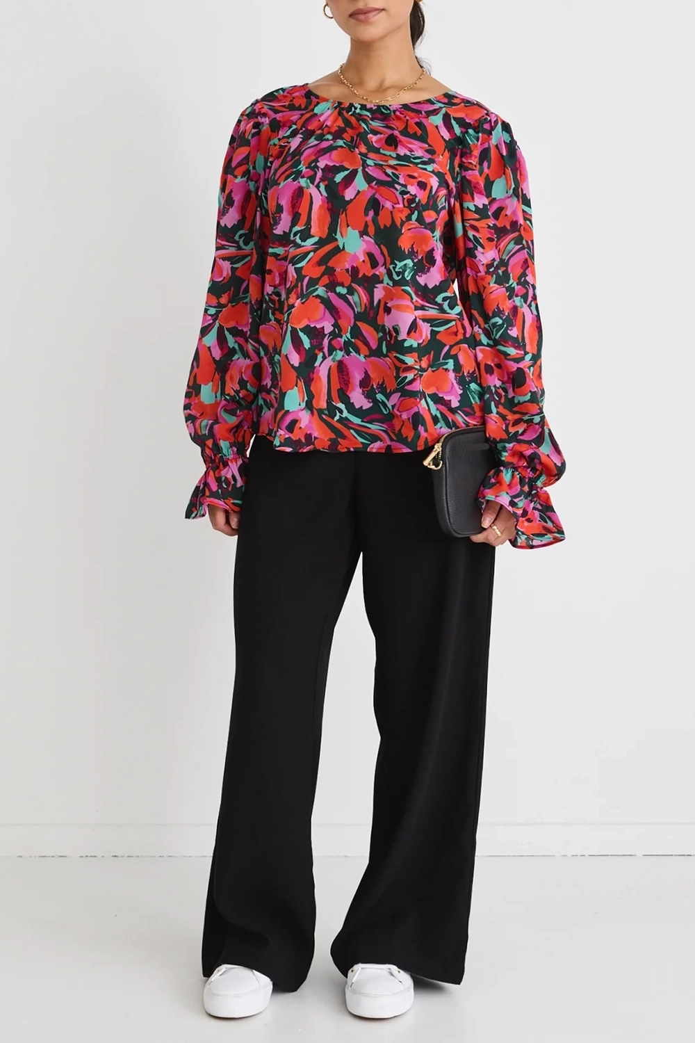 Floral Print Ruched Long - Sleeve Blouse
