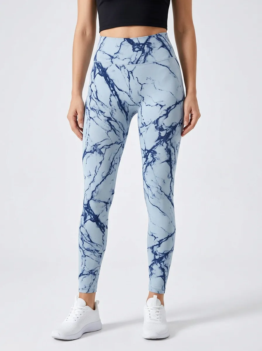 Women's Marble-Print Ankle-Length Seamless-Look Streamlined High-Rise Leggings