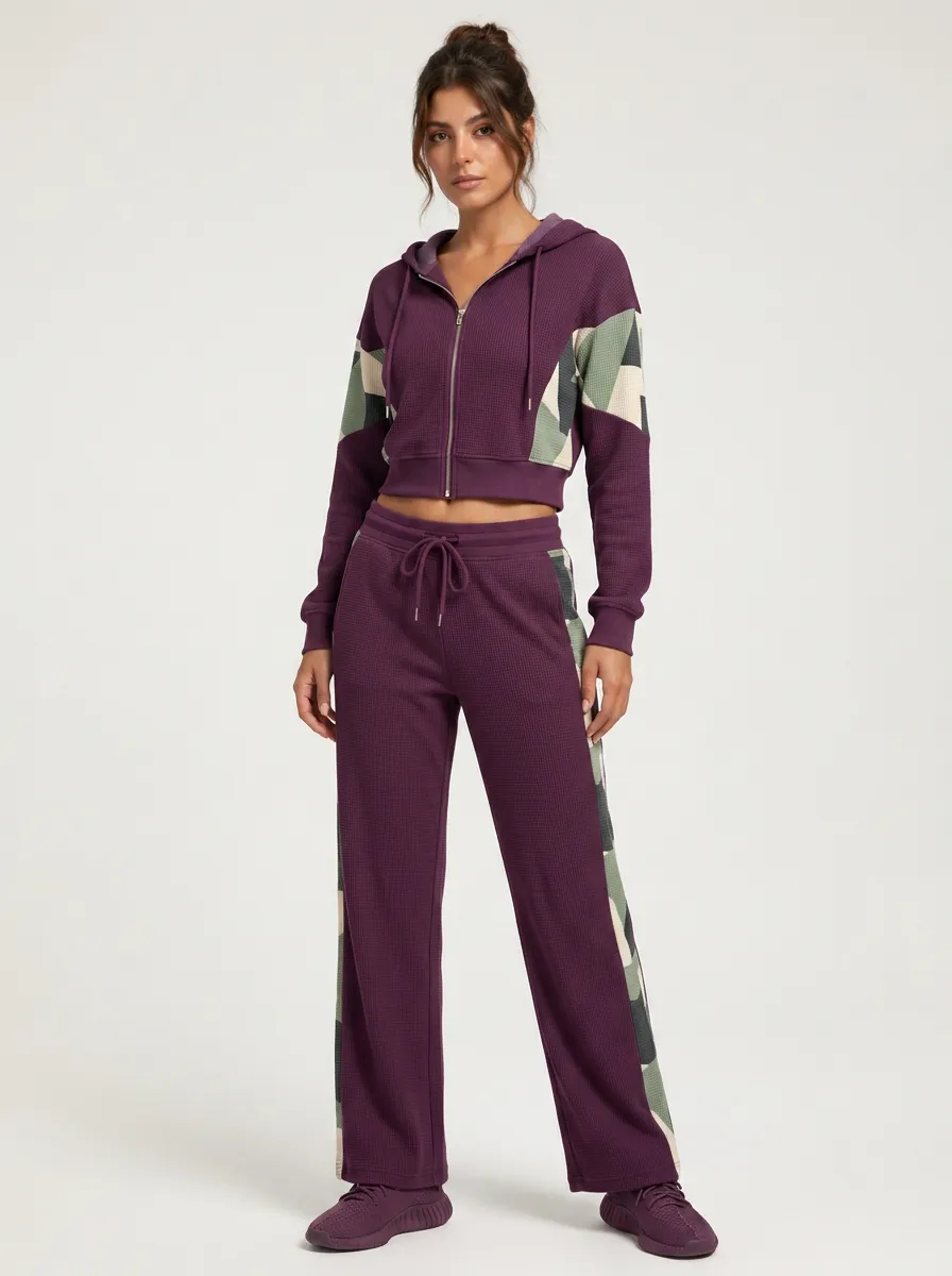 Women's Waffle Knit Geometric Camo Printed Tracksuit
