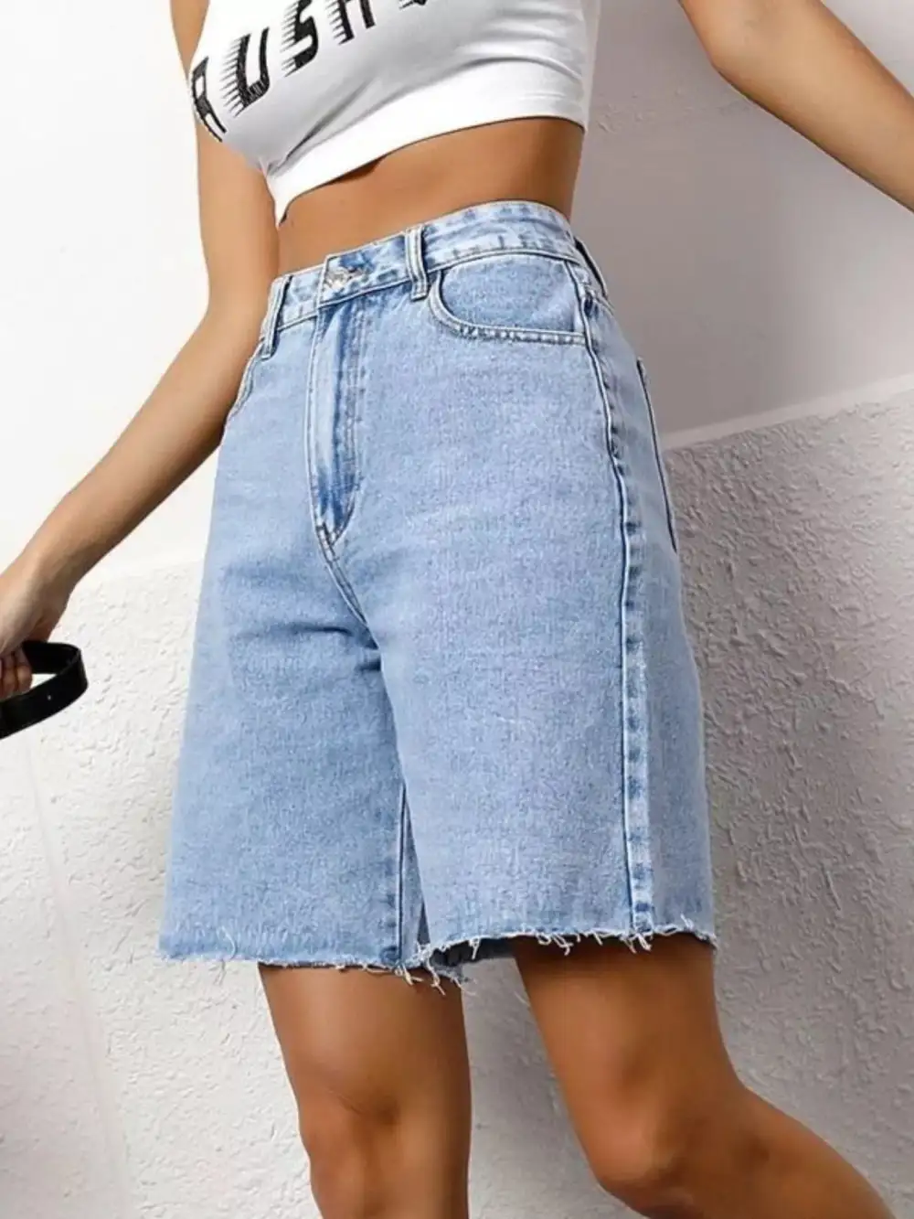 High-Waist Raw-Hem Pocketed Cotton Denim Shorts