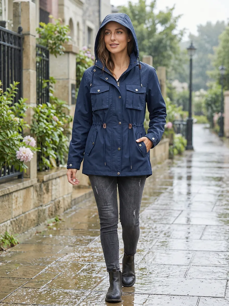 Women's Navy Blue Hooded Waterproof Rain Jacket with Flap Pockets and a Chest Pocket