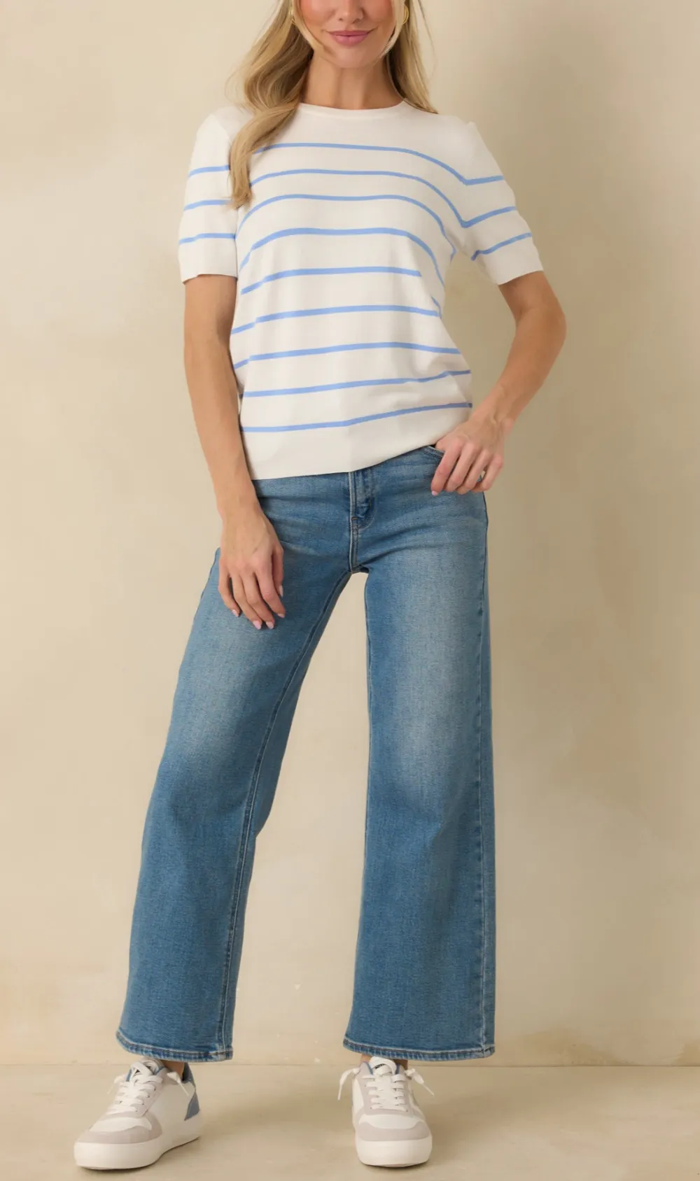 Short-Sleeve Striped Denim Ribbed Sweater