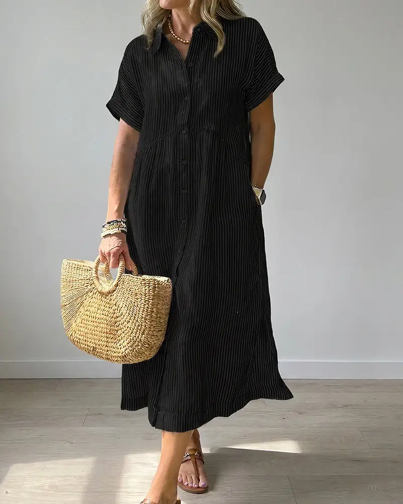 Casual Striped Short Sleeve Cotton Linen Shirt Midi Dress