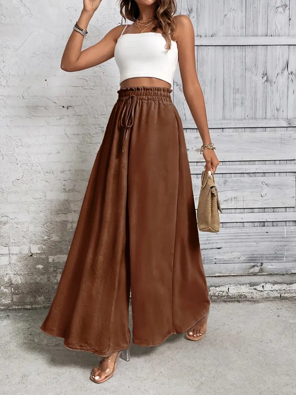 Wide Leg High Waist Tie Waist Pants