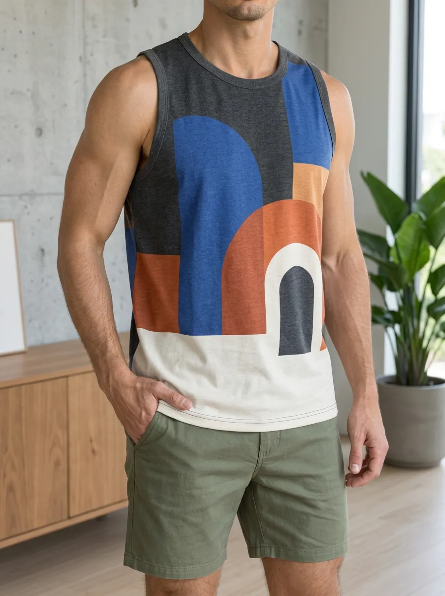 Men's Abstract Geometric Pattern Crew Neck Tank Top