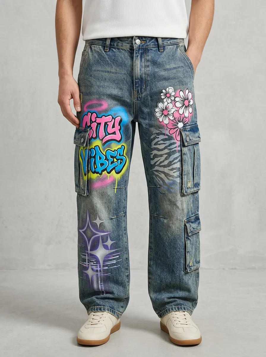 Men's Streetwear City Vibes Graffiti Flower Graphic Cargo Jeans