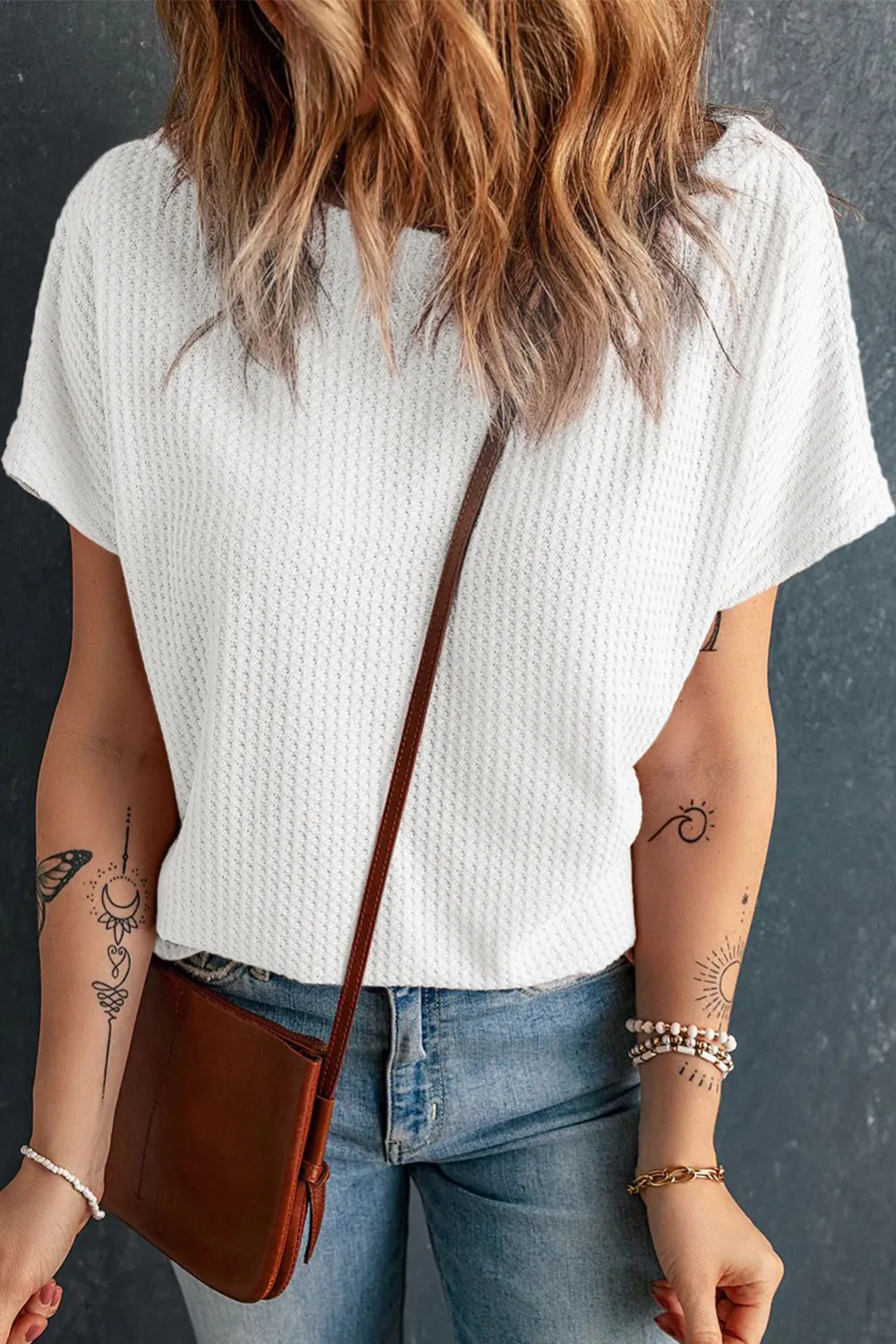 White Waffle Knit Boat Neck Top