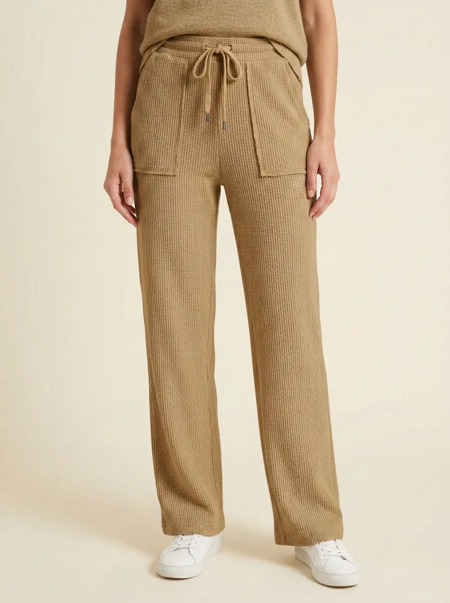 Women's Casual Lounge Beige Waffle Knit Drawstring Pants
