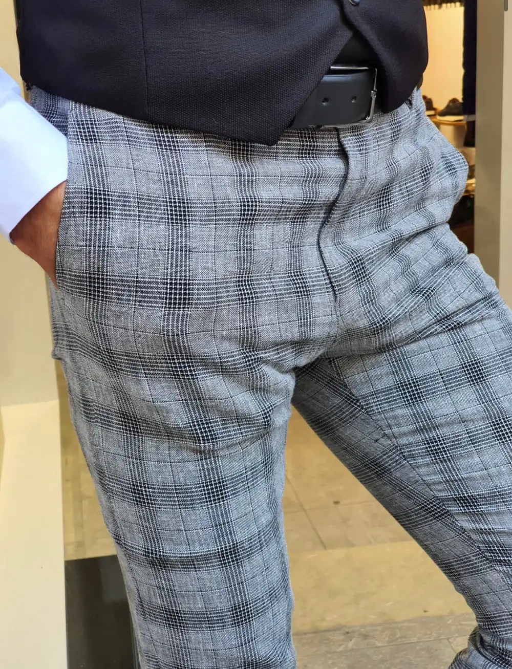 Slim Fit Plaid Linen Tailored Trousers