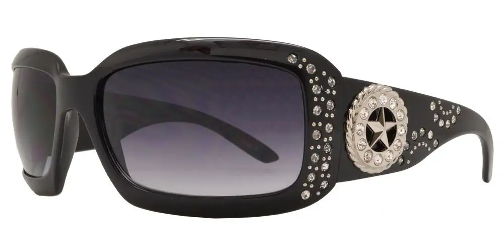 Rectangular Chunky Sunglasses With Rhinestones And Star Concho