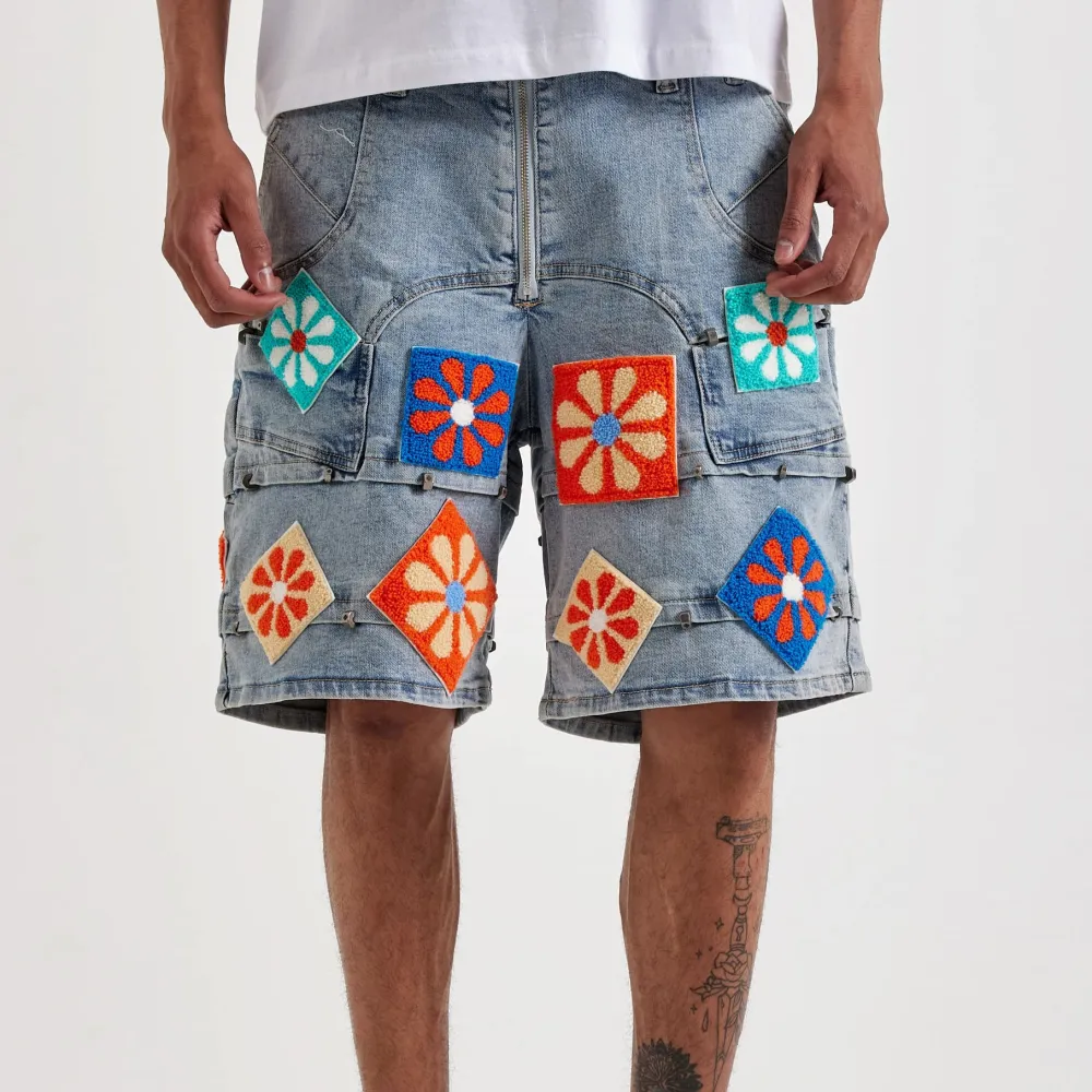 Crochet Flowers Denim Shorts