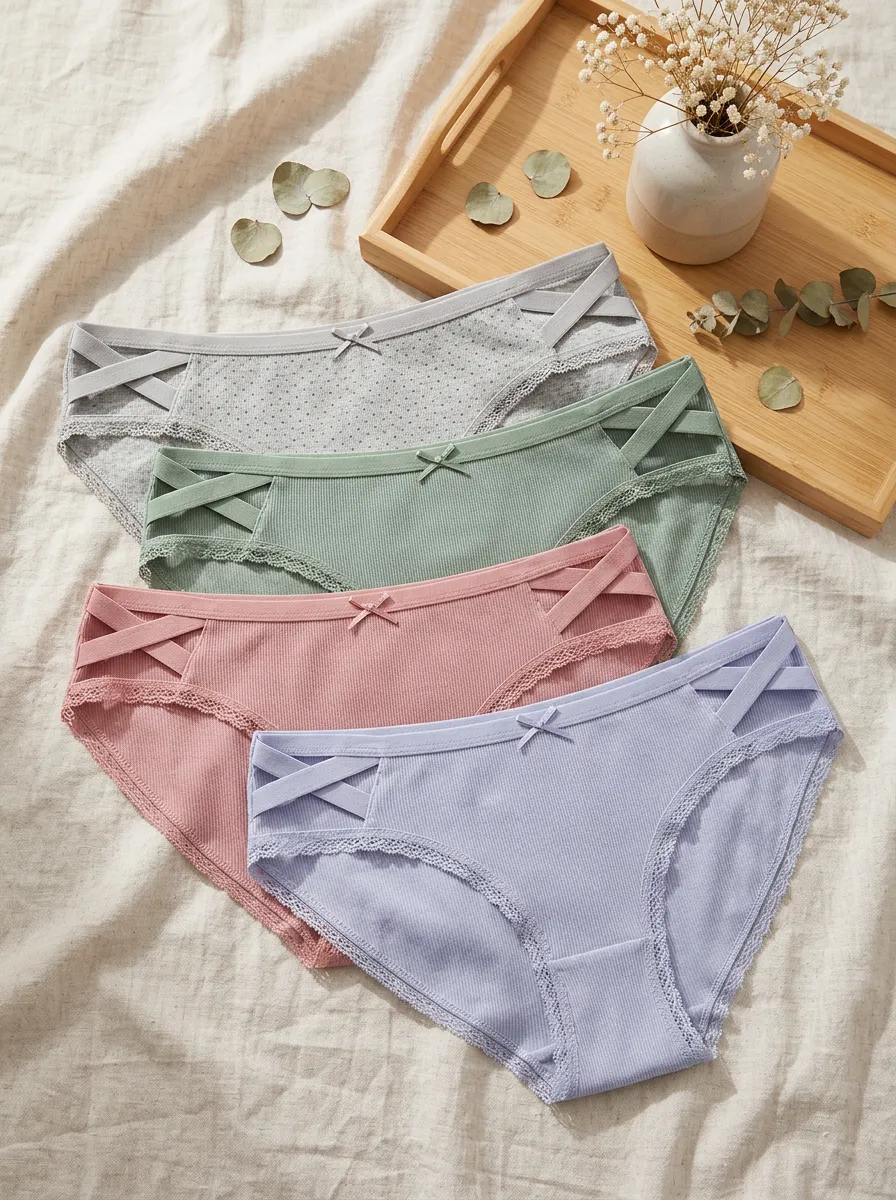 Women's Ribbed Crisscross Bowknot Printed 4-Pack Panties