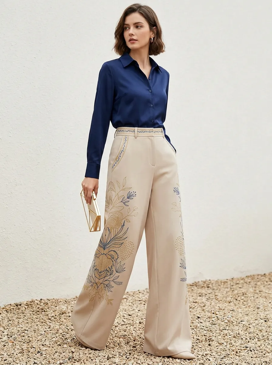 Women's Floral Botanical Embroidery Patterned High-Waist Wide-Leg Pants