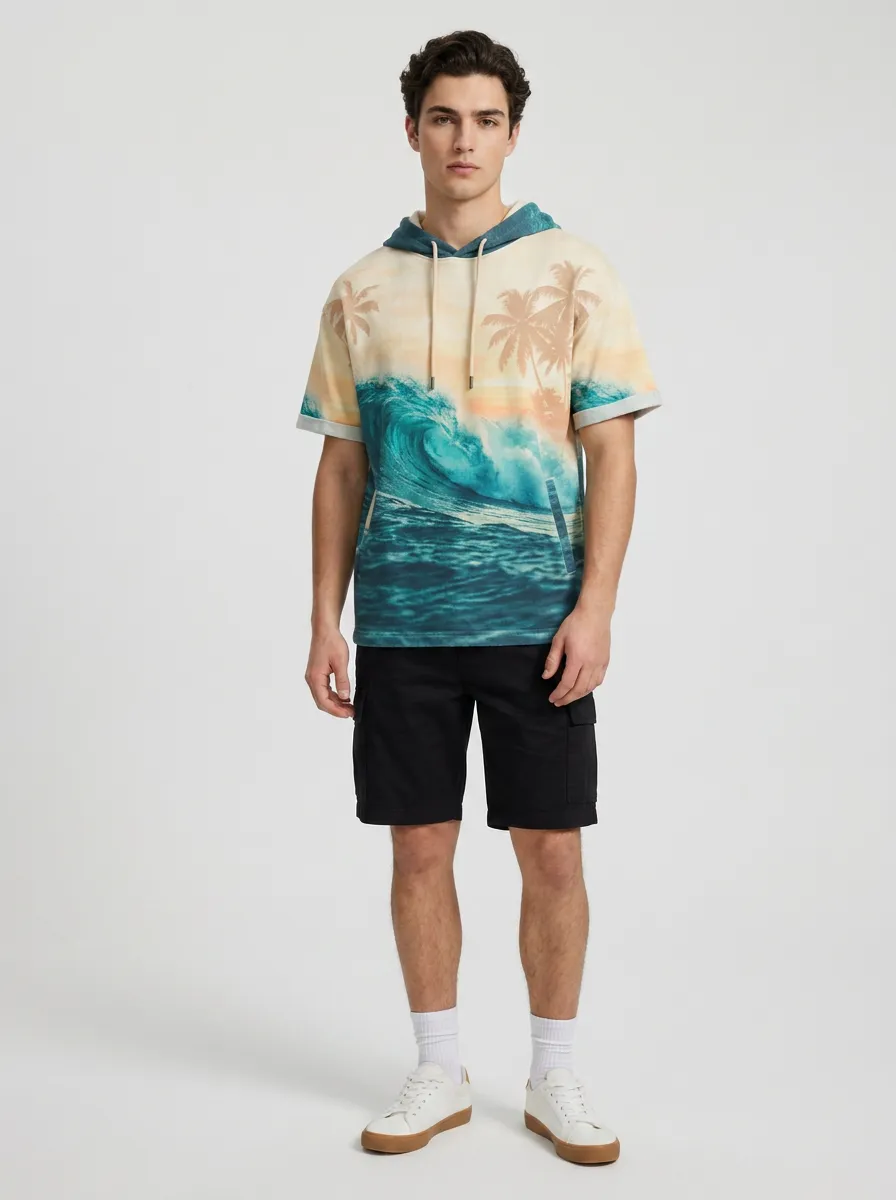 Men's Beach Vacation Tropical Palm Wave Printed Short Sleeve Hoodie