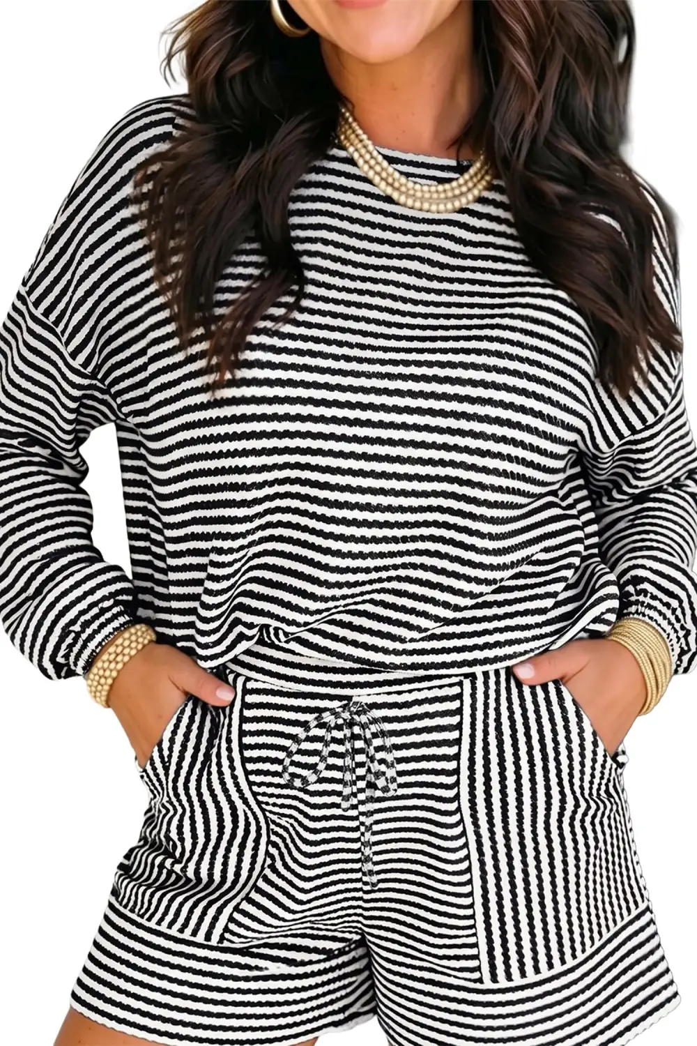Women's Matching Textured Knit Long Sleeve Top Elastic Waist Shorts Casual Outfit