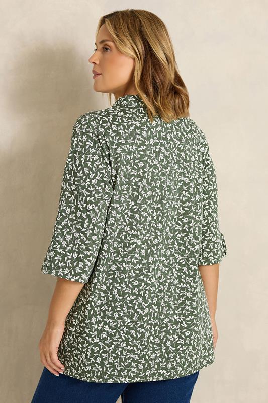 Khaki Green Floral Print Cotton Henley Top detail 2