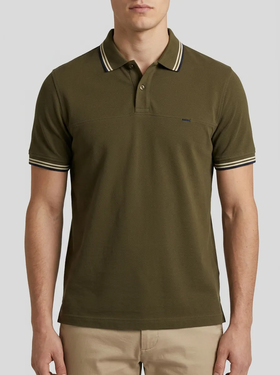 Men's Olive Green Striped Collar Casual Polo Shirt