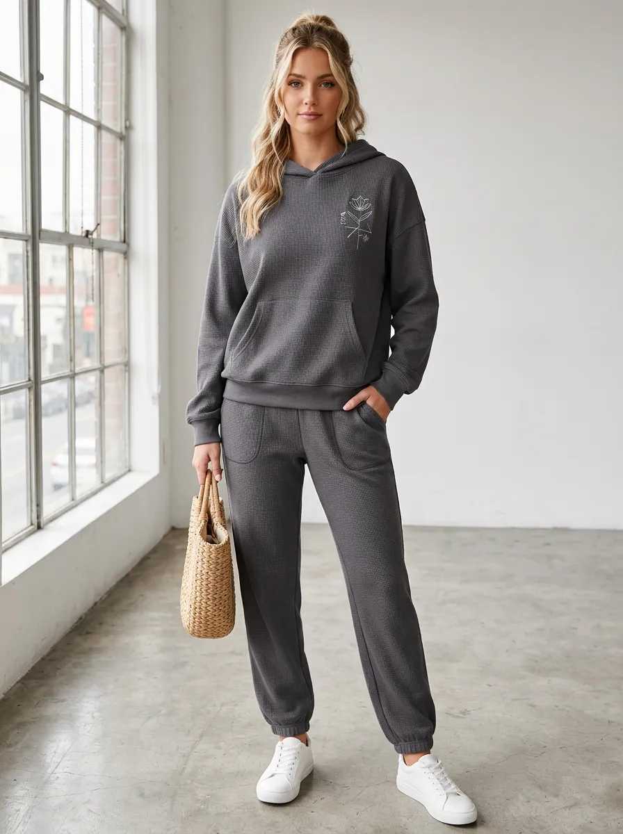 Women's Minimalist Floral Line Art Printed Waffle Knit Hoodie Jogger Set