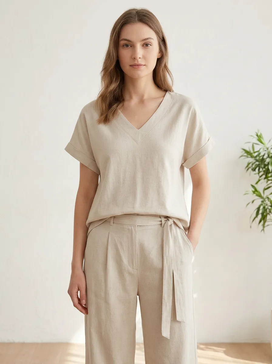 Linen-Blend Women's V-Neck Casual Lounge Set