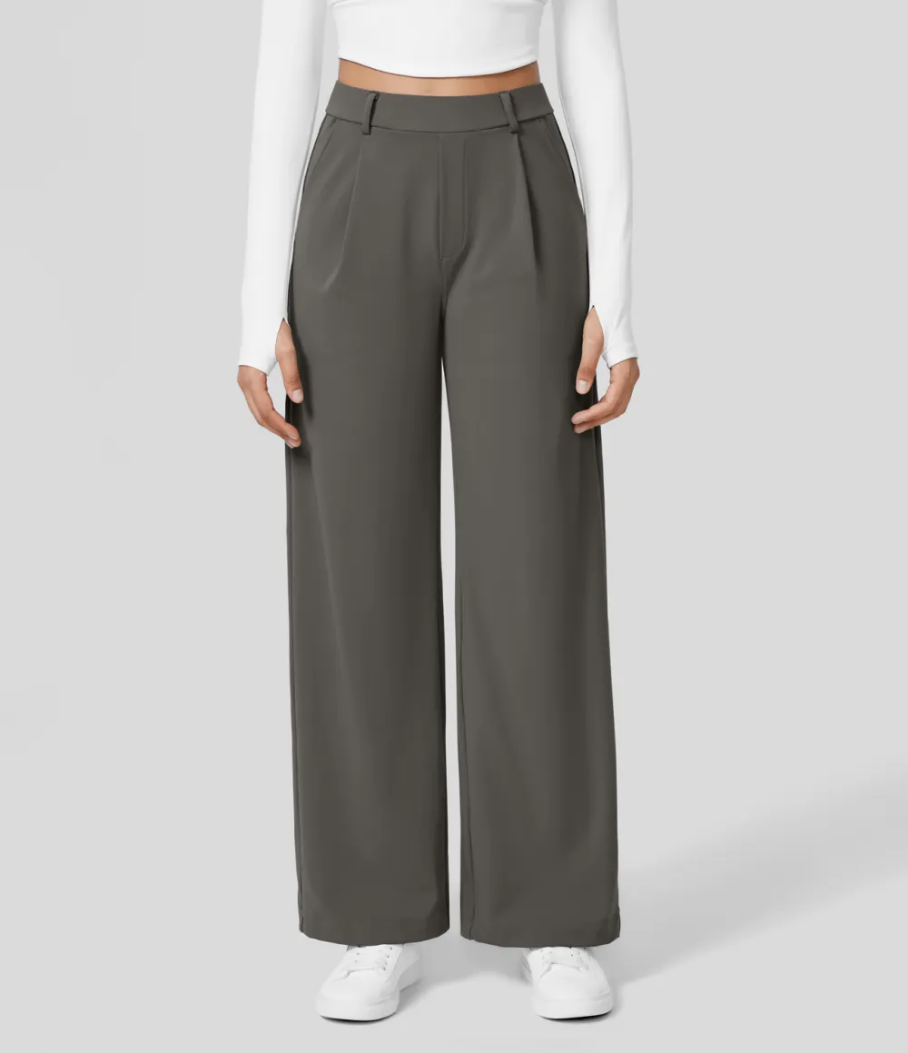 2026🔥  High Waisted Plicated Side Pocket Straight Leg Work Pants