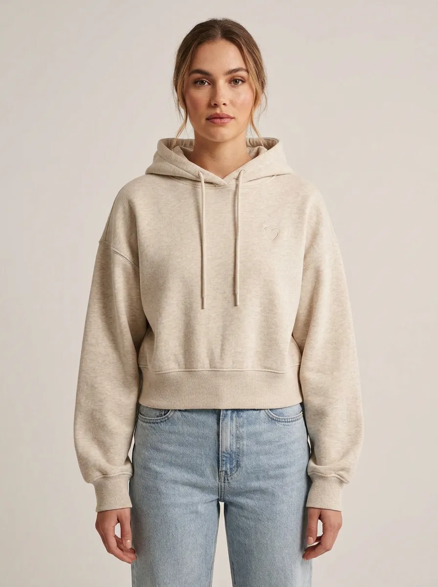 Women's Minimalist Heart Embroidered Beige Printed Hoodie