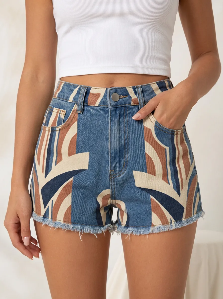Women's Retro Geometric Pattern Printed Denim Shorts