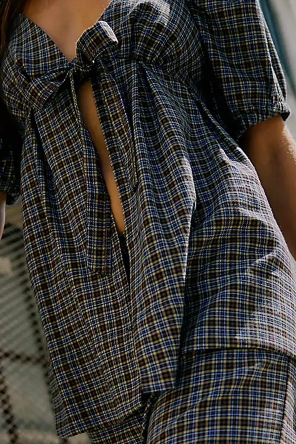 Checkered Crop Top And Wide Leg Pants Set